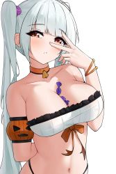 Rule 34 | 1girl, arm behind back, azur lane, bandeau, between breasts, breasts, brown eyes, candy, choker, cleavage, collarbone, commentary request, detached sleeves, food, formidable (azur lane), hand up, head tilt, highres, large breasts, long hair, looking at viewer, midriff, navel, orange choker, parted lips, puffy short sleeves, puffy sleeves, short sleeves, simple background, solo, stomach, strapless, tube top, twintails, upper body, v over eye, very long hair, white background, white hair, zerotwenty (020)