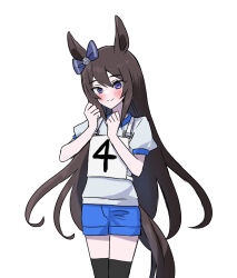 Rule 34 | 1girl, :&gt;, absurdres, animal ears, black thighhighs, blue bow, blue shorts, blush, bow, brown hair, clenched hands, cowboy shot, deep impact (umamusume), ear bow, gym shirt, gym shorts, gym uniform, highres, horse ears, horse girl, horse tail, long hair, original race uniform (umamusume), race bib, shirt, shorts, simple background, solo, tail, thighhighs, umamusume, white background, yumayuma (yumayumaaaan)