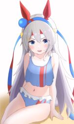 Rule 34 | 1girl, animal ears, bikini, blue bikini, blue eyes, blush, breasts, commentary request, dot nose, fangs, feet out of frame, grey hair, hair ornament, hairband, hairclip, headband, highres, horse ears, horse girl, horse tail, long hair, looking at viewer, navel, open mouth, sitting, small breasts, smile, solo, swimsuit, syuro32, tail, tamamo cross (umamusume), umamusume, v-shaped eyebrows, white background