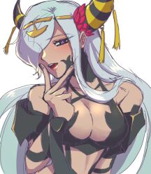 Rule 34 | 1girl, breasts, cleavage, dark skin, dragon girl, fire emblem, fire emblem engage, highres, horns, jewelry, large breasts, lipstick, long hair, looking at viewer, makeup, monhanyou1103, monster girl, nintendo, pointy ears, purple eyes, revealing clothes, solo, tagme, white hair, zelestia (fire emblem)