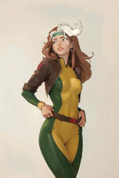 Rule 34 | 1girl, badilave, belt, bodysuit, brown hair, brown jacket, commentary, cropped jacket, english commentary, green bodysuit, jacket, long hair, looking to the side, marvel, multicolored hair, open clothes, open jacket, parted lips, rogue (x-men), simple background, skin tight, solo, standing, streaked hair, two-tone bodysuit, two-tone hair, white hair, x-men, yellow bodysuit