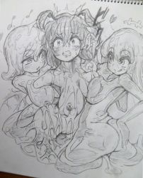 Rule 34 | 3girls, :p, animal ears, breasts, rabbit ears, clenched teeth, fake animal ears, heart, large breasts, marbleslime, molestation, monochrome, monster girl, multiple girls, nipples, notebook, nude, original, pussy, restrained, sketch, slime girl, smile, teeth, tongue, tongue out