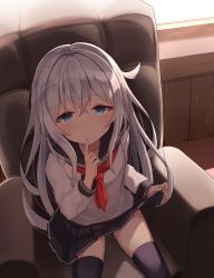 Rule 34 | 1girl, armchair, black skirt, black thighhighs, blue eyes, chair, flat chest, from above, heart, heart-shaped pupils, hibiki (kancolle), highres, indoors, kantai collection, long hair, long sleeves, looking at viewer, miniskirt, neckerchief, pleated skirt, school uniform, serafuku, shirt, silver hair, sira (user dswn7488), sitting, skirt, smile, solo, symbol-shaped pupils, thighhighs, white shirt