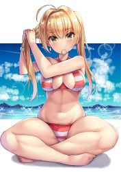 Rule 34 | 1girl, absurdres, ahoge, bad id, bad twitter id, bikini, blonde hair, blue sky, blurry, blush, bokeh, breasts, cleavage, criss-cross halter, day, depth of field, earrings, fate/grand order, fate (series), green eyes, hair intakes, hair tie in mouth, halterneck, highres, holding, holding hair, jewelry, large breasts, long hair, looking at viewer, mouth hold, nano (syoutamho), navel, nero claudius (fate), nero claudius (fate) (all), nero claudius (swimsuit caster) (fate), ocean, outdoors, outside border, shiny skin, side-tie bikini bottom, sitting, sky, smile, solo, sparkle, stomach, striped bikini, striped clothes, swimsuit, twintails, tying hair