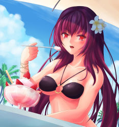 Rule 34 | 1girl, ahsiu, bad id, bad pixiv id, bikini, blush, bracelet, breasts, fate/grand order, fate (series), flower, food, hair flower, hair ornament, highres, ice cream, jewelry, large breasts, long hair, looking at viewer, o-ring, o-ring bikini, o-ring top, open mouth, palm tree, purple hair, red eyes, scathach (fate), solo, spoon, table, tree
