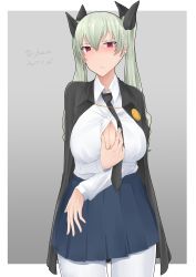 Rule 34 | 10s, 1girl, absurdres, anchovy (girls und panzer), anzio school uniform, blush, breasts, cape, cleavage, drill hair, girls und panzer, green hair, hair ornament, hair ribbon, highres, irukatto, large breasts, red eyes, ribbon, school uniform, skirt, solo, twintails