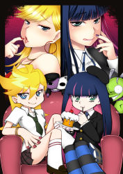 Rule 34 | 10s, 2girls, blonde hair, blue eyes, bracelet, chuck (psg), cupcake, earrings, food, green eyes, jewelry, kneehighs, long hair, multicolored hair, multiple girls, nail polish, necktie, panty &amp; stocking with garterbelt, panty (psg), plate, purple nails, red nails, siblings, sisters, sitting, socks, stocking (psg), striped clothes, striped legwear, striped thighhighs, thighhighs, tongue, touno itsuki, two-tone hair, white socks