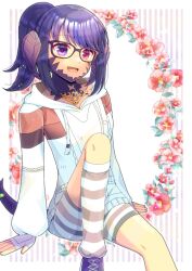 Rule 34 | 1girl, :d, arm support, au ra, black-framed eyewear, black footwear, commentary request, commission, drawstring, feet out of frame, final fantasy, final fantasy xiv, fingerless gloves, floral background, flower, glasses, gloves, heterochromia, hood, hood down, hoodie, horns, knee up, kneehighs, kou hiyoyo, long sleeves, open mouth, ponytail, puffy long sleeves, puffy sleeves, purple eyes, purple hair, red eyes, red flower, scales, shoes, shorts, skeb commission, smile, socks, solo, striped background, striped clothes, striped shorts, striped socks, tail, vertical stripes, white background, white gloves, white hoodie