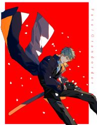 Rule 34 | 1boy, absurdres, azisaiharumaki56, text background, black gloves, black pants, black vest, blue hair, cherry blossoms, closed mouth, coat, expressionless, falling petals, fate/grand order, fate (series), feet out of frame, fighting stance, fingerless gloves, full body, gloves, highres, katana, long sleeves, looking at viewer, male focus, multicolored background, pants, petals, ready to draw, saitou hajime (fate), shirt, short hair, solo, sword, two-tone background, vest, weapon, white shirt, yellow eyes