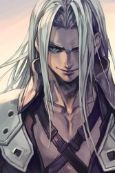 Rule 34 | 1boy, armor, blue eyes, ears visible through hair, final fantasy, final fantasy vii, gradient background, hungry clicker, male focus, sephiroth, silver hair, simple background, smile, solo, square enix, upper body