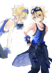 Rule 34 | 1boy, absurdres, black gloves, black pants, blonde hair, blue eyes, blue hair, closed mouth, fingerless gloves, gloves, goggles, goggles on head, hair between eyes, heterochromia, highres, jewelry, kagamine len, lightning stone (module), looking at viewer, male focus, multicolored hair, multiple views, necklace, pants, project diva (series), red eyes, simple background, skull necklace, streaked hair, sweat, tank top, trap, vocaloid, wumumu