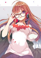 Rule 34 | 10s, 1girl, adjusting eyewear, ahoge, bad id, bad nicoseiga id, breasts, commentary request, d;, eyebrows, fur trim, glasses, headphones, jacket, light brown hair, long hair, looking at viewer, medium breasts, off shoulder, one eye closed, open mouth, orange hair, out of frame, outside border, p19, persona, persona 5, purple eyes, sakura futaba, shorts, solo, teeth, thighhighs