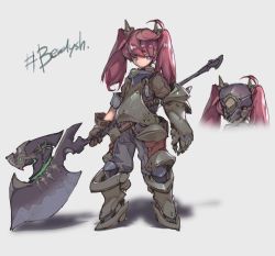 Rule 34 | 1girl, absurdres, armor, axe, battle axe, breastplate, brown gloves, closed mouth, english text, gauntlets, gloves, grey background, grey pants, hashtag, helmet, highres, holding, holding weapon, long hair, looking at viewer, armored boots, original, pants, purple eyes, red hair, simple background, single gauntlet, solo, standing, twintails, urorong, weapon