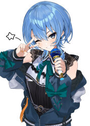 1girl absurdres argule0901 blue_eyes blue_hair bow commentary_request grin hair_between_eyes highres hololive hoshimachi_suisei hoshimachi_suisei_(casual) jacket jacket_partially_removed jewelry looking_at_viewer microphone nail_polish off_shoulder official_alternate_costume official_alternate_hairstyle one_eye_closed orange_nails ribbon ring short_hair simple_background smile solo virtual_youtuber white_background wolf_cut