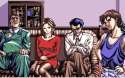 Rule 34 | 1990s (style), 1girl, 3boys, blue hair, blue shirt, breasts, brown hair, brown pants, business suit, cabinet, character request, collared shirt, couch, cowboy shot, crossed arms, crossed legs, diagonal-striped neckwear, dithering, dress, facing viewer, feet out of frame, formal, game cg, glasses, green jacket, green pants, hands on own hips, indoors, interheart, jacket, legs together, long hair, looking at viewer, lowres, medium breasts, multiple boys, necktie, on couch, pants, pc98, pixel art, red dress, reijou monogatari, retro artstyle, serious, shirt, short dress, short hair, sitting, sleeveless, sleeveless shirt, standing, striped neckwear, suit, tagme, white shirt, yellow neckwear