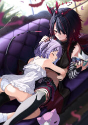 Rule 34 | absurdres, arurire, ass, bare shoulders, belt, black belt, black choker, black hair, black shirt, black shorts, black thighhighs, black vest, blush, book, breasts, choker, colored inner hair, couch, criss-cross halter, demon tail, dress, facial mark, feathers, girl on top, gradient hair, hair ornament, halo, halterneck, hand on another&#039;s head, head wings, highres, holding, holding book, hug, indoors, kisaragi ren (vtuber), long hair, looking at another, lying, medium breasts, midriff, multicolored hair, navel, official alternate costume, on back, panties, purple hair, red eyes, red hair, shinomiya runa, shirt, short hair, shorts, smile, socks, stuffed animal, stuffed cat, stuffed toy, tail, thigh strap, thighhighs, torn clothes, torn sleeves, two side up, underwear, vest, virtual youtuber, vspo!, white dress, white panties, white socks, window, wings, x hair ornament, yuri