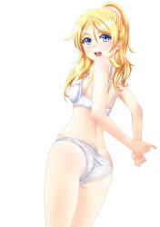Rule 34 | 1girl, arms behind back, ass, ayase eli, back, blonde hair, blue eyes, bra, breasts, butt crack, commentary request, cowboy shot, crotch seam, from behind, hair ornament, hair scrunchie, highres, jou (circlemay), long hair, looking at viewer, looking back, love live!, love live! school idol project, medium breasts, open mouth, panties, ponytail, scrunchie, smile, solo, standing, underwear, underwear only, white bra, white panties, white scrunchie