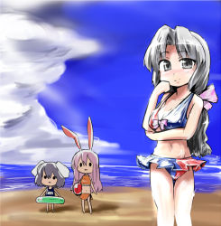 Rule 34 | 3girls, :d, adapted costume, ball, beach, beachball, bikini, blue sky, bow, breast hold, breasts, chibi, cleavage, cloud, day, female focus, grey eyes, grey hair, hair bow, hand on own cheek, hand on own face, hashimoto, inaba tewi, innertube, long hair, looking at viewer, medium breasts, midriff, miniskirt, multiple girls, navel, ocean, one-piece swimsuit, open mouth, outdoors, parted bangs, pink hair, pleated skirt, reisen udongein inaba, skirt, sky, smile, solid circle eyes, standing, strap gap, swim ring, swimsuit, tankini, touhou, yagokoro eirin