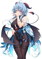 Rule 34 | 1girl, absurdres, ahoge, bare shoulders, bell, black gloves, black pantyhose, blue hair, bodystocking, breasts, closed mouth, commentary, covered erect nipples, curled horns, demon girl, demon wings, detached sleeves, english commentary, flower knot, full body, ganyu (genshin impact), genshin impact, gloves, highres, horns, kishita yuu, long hair, long sleeves, looking at viewer, medium breasts, pantyhose, purple eyes, purple gloves, red horns, red ribbon, ribbon, sandals, sideboob, simple background, smile, solo, standing, tassel, thighband pantyhose, torn wings, vision (genshin impact), white background, wings