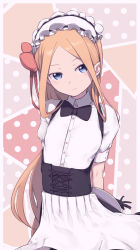 Rule 34 | 1girl, abigail williams (fate), absurdres, apron, arms behind back, black skirt, blonde hair, blue eyes, bow, breasts, collared shirt, corset, daisi gi, dress, fate/grand order, fate (series), forehead, hair bow, highres, long hair, maid headdress, orange bow, parted bangs, shirt, short sleeves, skirt, small breasts, solo, tray, underbust, white apron, white shirt