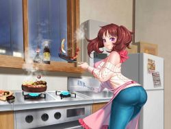 Rule 34 | 1girl, apron, artist request, ass, bacon, blush, bottle, breasts, brown hair, casual, cooking, egg, feet out of frame, female focus, fire, food, from behind, frying pan, hand up, holding, indoors, kitchen, large breasts, legs, light blush, looking at viewer, off shoulder, purple eyes, refrigerator, shinjou yuuna, shiny skin, solo, spatula, standing, steam, stove, sweater, taimanin (series), thighs, twintails