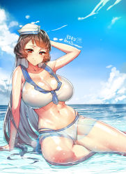 Rule 34 | 1girl, arm up, bad id, bad pixiv id, bare shoulders, blush, breasts, brown hair, cleavage, cloud, day, hat, huge breasts, iris yuma, long hair, looking at viewer, midriff, navel, red eyes, sailor hat, see-through, sitting, smile, solo, soulworker, suerte, thick thighs, thighs, very long hair, water, wet