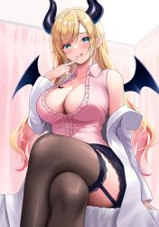 Rule 34 | 1girl, black horns, blonde hair, blue eyes, breast tattoo, breasts, cleavage, cleavage cutout, clothing cutout, cross-laced clothes, cross-laced legwear, crossed legs, demon girl, demon horns, finger to mouth, highres, hololive, horns, kotone neruneru, lab coat, large breasts, licking lips, long hair, looking at viewer, pointy ears, sitting, skirt, smile, solo, tattoo, thighhighs, tongue, tongue out, virtual youtuber, winged heart, wings, yuzuki choco, yuzuki choco (1st costume)