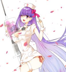 Rule 34 | 10s, 1girl, bad id, bad pixiv id, bb (bb shot!) (fate), bb (fate), bb (fate/extra), breasts, cleavage, fate/extra, fate/extra ccc, fate/grand order, fate (series), hair ribbon, hat, large breasts, long hair, looking at viewer, nurse, nurse cap, one eye closed, oversized object, panties, panty peek, petals, purple eyes, purple hair, red panties, ribbon, side-tie panties, smile, solo, syringe, thigh strap, underwear, usagiofshintaro, very long hair, wrist cuffs