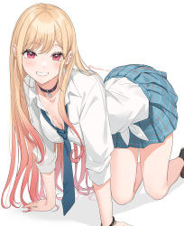 Rule 34 | 1girl, all fours, arm support, artist name, black necktie, blonde hair, blue necktie, blue skirt, blush, breasts, choker, cleavage, collarbone, commentary request, earrings, eyelashes, fingernails, gradient hair, hair over shoulder, hatsuno xxx, head tilt, heart, heart-shaped pupils, highres, jewelry, kitagawa marin, long hair, looking at viewer, multicolored hair, nail polish, necktie, open mouth, piercing, pink nails, pleated skirt, red eyes, shadow, shoes, skirt, smile, solo, sono bisque doll wa koi wo suru, symbol-shaped pupils, tareme, twitter username, wing collar