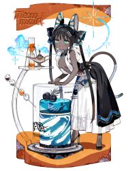 Rule 34 | 1girl, :3, :d, absurdres, animal ears, aqua eyes, black hair, breasts, cat ears, cat girl, cat tail, dark skin, hachihito, hair intakes, hair ribbon, high heels, highres, hourglass, leaning forward, long hair, nail polish, oil lamp, open mouth, original, ribbon, sand, small breasts, smile, solo, standing, tail, tray, twintails, very dark skin, very long hair