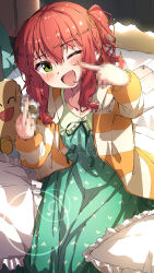 Rule 34 | 1girl, absurdres, ama rei, bed, blush, bocchi the rock!, censored, censored gesture, collarbone, commentary, double middle finger, dress, green dress, green eyes, highres, indoors, kita ikuyo, long hair, long sleeves, looking at viewer, middle finger, one eye closed, open mouth, red hair, sitting, smile, solo, stuffed toy, sweater