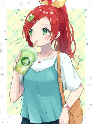 Rule 34 | 1girl, ahoge, alternate hairstyle, andou ringo, bag, blush, brown bag, bubble tea, collarbone, cup, drinking, drinking straw, ecolo (puyopuyo), eyelashes, green eyes, hair ornament, hair ribbon, hairclip, holding, holding cup, jewelry, kashima miyako, necklace, open mouth, ponytail, puyo (puyopuyo), puyopuyo, puyopuyo 7, red hair, ribbon, shirt, short sleeves, shoulder bag, solo, teeth, translation request, upper teeth only, watch, white shirt, wristwatch, yellow ribbon