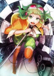 Rule 34 | 1girl, breasts, cable, checkered background, goggles, goggles on head, green eyes, green hair, gumi, holding, holding cable, jacket, matching hair/eyes, medium breasts, gumi (v3 megpoid), microphone, microphone stand, music, open mouth, shion (kizuro), short hair, shorts, singing, smile, solo, speaker, thighhighs, vocaloid