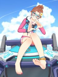 Rule 34 | 1girl, anklet, bare legs, barefoot, blush, brown eyes, brown hair, cloud, cloudy sky, d.va (overwatch), day, facial mark, feet, floral print, flower, full body, grin, hair flower, hair ornament, heart, heart-shaped eyewear, heart hands, highres, jewelry, legs, looking at viewer, lululewd, mecha, nail polish, navel, official alternate costume, overwatch, overwatch 1, robot, short shorts, shorts, sitting, sky, smile, soles, solo, toenail polish, toenails, toes, waveracer d.va, whisker markings