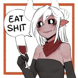 Rule 34 | 1girl, aiko (less), bandana, bare shoulders, black dress, black gloves, black sclera, border, champagne flute, closed mouth, colored sclera, cup, demon girl, dress, drinking glass, elbow gloves, english text, gloves, holding, holding cup, horns, less, looking at viewer, meme, orange border, original, outside border, pointy ears, profanity, red bandana, simple background, smile, solo, upper body, white background, white hair