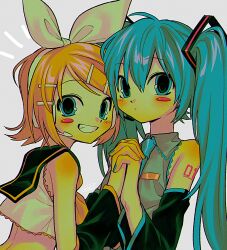 Rule 34 | 2girls, blue eyes, blue hair, blush, blush stickers, bow, bow hairband, collared shirt, commentary, crop top, detached sleeves, fang, grin, hair bow, hair ornament, hairband, hairclip, hatsune miku, headset, highres, holding hands, kagamine rin, long hair, long sleeves, looking at viewer, menma (enaic31), midriff, multiple girls, nail polish, necktie, sailor collar, shirt, short hair, sleeveless, sleeveless shirt, smile, symbol-only commentary, twintails, very long hair, vocaloid