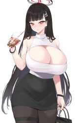 Rule 34 | 1girl, bag, black hair, black pantyhose, black skirt, blue archive, blunt bangs, blush, bracelet, breasts, bright pupils, bubble tea, cup, drinking straw, earrings, hair ornament, hairclip, halo, highres, holding, holding bag, holding cup, huge breasts, jewelry, kuavera, long hair, looking at viewer, pantyhose, red eyes, ribbed sweater, rio (blue archive), shopping bag, skirt, sleeveless, sleeveless turtleneck, solo, sweater, thigh strap, turtleneck, turtleneck sweater, very long hair, watch, white background, white sweater, wristwatch