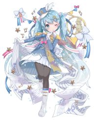 Rule 34 | 1girl, :o, aqua eyes, aqua hair, band uniform, beamed eighth notes, blush, boots, bow, commentary, dress, dress bow, eighth note, epaulettes, finger to mouth, flag, footwear bow, french horn, fringe trim, gloves, gradient hair, hair ornament, hat, hat feather, hatsune miku, hekicha, highres, holding, holding ribbon, index finger raised, instrument, knee boots, leg up, long hair, multicolored hair, musical note, one eye closed, ribbon, sharp sign, snowflake print, snowflakes, solo, sparkle, staff (music), star (symbol), thighhighs, twintails, uniform, very long hair, vocaloid, white gloves, white hair, whole note, yuki miku, yuki miku (2020)