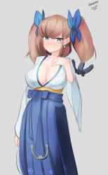 Rule 34 | 1girl, absurdres, anchor, asakaze (kancolle), asakaze (kancolle) (cosplay), atlanta (kancolle), blue hakama, blue kimono, breasts, brown hair, cleavage, cosplay, cowboy shot, earrings, furisode, grey background, grey eyes, hakama, highres, japanese clothes, jewelry, kantai collection, kimono, large breasts, long hair, maru (marg0613), meiji schoolgirl uniform, simple background, solo, standing, star (symbol), star earrings, two side up