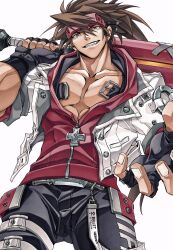Rule 34 | 1boy, belt, black gloves, brown eyes, brown hair, collarbone, cross, dong hole, english text, fingerless gloves, forehead protector, gloves, guilty gear, guilty gear strive, headband, highres, holding, holding weapon, jacket, kunio-kun series, long hair, looking at viewer, looking down, male focus, muscular, muscular male, open clothes, open jacket, pectoral cleavage, pectorals, ponytail, red headband, red jacket, river city girls, smile, sol badguy, solo, weapon, white background, white jacket