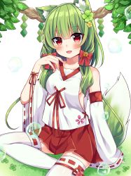 Rule 34 | 1girl, :d, animal ear fluff, animal ears, bare shoulders, bell, blush, bow, breasts, bubble, clover, commentary request, detached sleeves, fang, flower, four-leaf clover, grass, green flower, green hair, hair bell, hair between eyes, hair bow, hair flower, hair ornament, jingle bell, long hair, long sleeves, looking at viewer, maki soutoki, on grass, open mouth, original, pleated skirt, red bow, red eyes, red skirt, ribbon-trimmed legwear, ribbon trim, shirt, sitting, skirt, sleeveless, sleeveless shirt, sleeves past wrists, small breasts, smile, solo, tail, tail raised, thighhighs, white shirt, white sleeves, white thighhighs, wide sleeves, yellow flower