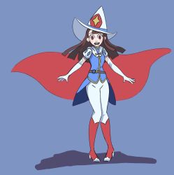 Rule 34 | 1girl, alternate costume, belt, blue background, blue jacket, boots, brown hair, cape, coattails, gloves, hat, high heel boots, high heels, highres, jacket, kagari atsuko, little witch academia, little witch academia:the enchanted parade, long glove, long hair, looking at viewer, official alternate costume, purelyseafoam, red cape, red eyes, shadow, simple background, smile, witch hat