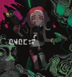 Rule 34 | 1girl, agent 8 (splatoon), azigashimitoru, black shorts, closed mouth, colored skin, grey skin, highres, holding, holding weapon, intravenous drip, looking at viewer, midriff, multicolored skin, nintendo, octoling, octoling girl, octoling player character, red eyes, red hair, shorts, single sleeve, solo, splatoon (series), splatoon 2, splatoon 2: octo expansion, tentacle hair, thigh strap, weapon
