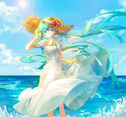 Rule 34 | 1girl, aqua eyes, aqua hair, blue sky, candy1521, cloud, cloudy sky, commentary, day, dress, flower, frilled dress, frills, hand in own hair, hand up, hat, hat flower, hatsune miku, holding clothes, holding dress, large hat, long hair, looking to the side, neck ribbon, ocean, outdoors, ribbon, sky, solo, straw hat, sun, sun hat, sunflower, twintails, very long hair, vocaloid, waves, white dress, wind