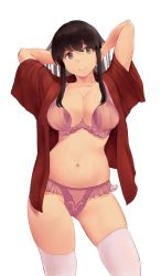 Rule 34 | 1girl, akagi (kancolle), arms up, blush, bra, breasts, brown eyes, brown hair, cleavage, collarbone, highres, kantai collection, large breasts, long hair, looking to the side, navel, open clothes, open shirt, panties, pink bra, pink panties, red shirt, shirt, short sleeves, smile, solo, straight hair, thighhighs, thighs, underwear, wa (genryusui), white background, white thighhighs