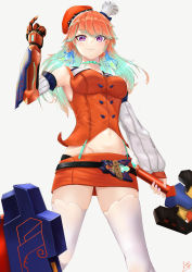 Rule 34 | 1girl, absurdres, belt, beret, breasts, chef hat, choker, detached sleeves, earrings, feather earrings, feathers, from below, gauntlets, gradient hair, green hair, hat, highres, holding, holding sword, holding weapon, hololive, hololive english, huge filesize, jarvis darc, jewelry, large breasts, looking at viewer, mechanical arms, midriff, mini hat, miniskirt, multicolored hair, navel, orange hair, orange hat, orange skirt, planted, purple eyes, shield, simple background, single gauntlet, single mechanical arm, skirt, snapping fingers, solo, streaked hair, sword, takanashi kiara, thighhighs, two-tone hair, virtual youtuber, weapon, white background, white thighhighs, zettai ryouiki