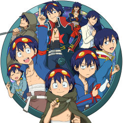 Rule 34 | 00s, 1boy, age progression, bandages, belt, blue hair, bow, bowtie, cape, cloak, drill, garlock simon, goggles, goggles on head, jacket, jewelry, multiple persona, neck brace, necklace, old, aged up, pointing, ring, simon (ttgl), smile, spoilers, supinosu, tengen toppa gurren lagann, tuxedo, aged down