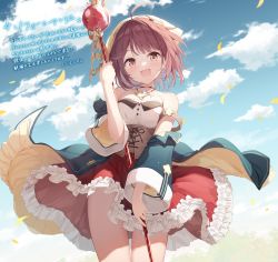 Rule 34 | 1girl, :d, absurdres, ahoge, atelier (series), atelier sophie, bare shoulders, blue coat, blush, breasts squeezed together, breasts, brown eyes, cloud, coat, collarbone, corset, cowboy shot, head scarf, highres, holding, holding weapon, jewelry, long coat, necklace, nijihashi sora, off shoulder, open mouth, outdoors, red hair, red skirt, skirt, sky, smile, solo, sophie neuenmuller, staff, standing, weapon