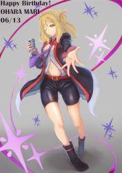 Rule 34 | 10s, 1girl, 2019, ;), artist name, artist request, bare legs, belt, black cardigan, black footwear, black jacket, black pants, black shorts, blonde hair, blush, bow, bowtie, braid, breasts, cardigan, collared shirt, crown braid, female focus, full body, grey background, guilty kiss (love live!), hair rings, holding, holding microphone, jacket, kowareyasuki, looking at viewer, love live!, love live! school idol festival, love live! sunshine!!, macken, microphone, microphone stand, necktie, ohara mari, one eye closed, pants, parted lips, purple neckwear, reaching, reaching towards viewer, red belt, red bow, shirt, shoes, short hair, shorts, small breasts, smile, solo, song name, sparkle print, white shirt, yellow eyes