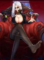 Rule 34 | 1girl, absurdres, armchair, breasts, chair, cleavage, dungeon and fighter, feet, female slayer (dungeon and fighter), highres, large breasts, crossed legs, long hair, looking at viewer, looking over eyewear, looking over glasses, pantyhose, red eyes, sitting, soles, sunglasses, tinted eyewear, toes, white hair